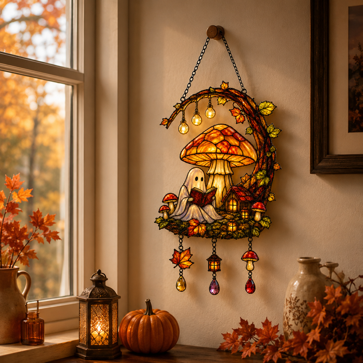 Ghost Reading under Mushroom Moon Cottage Holographic Acrylic Suncatcher