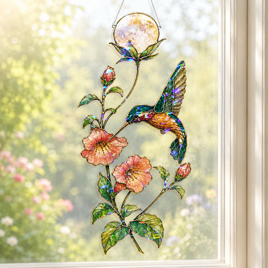 Hummingbird & Trumpet Flower Pearl Moon Holographic Acrylic Suncatcher