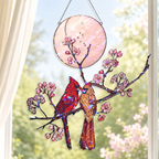 Cardinal Couple & Cherry Blossom Moon Holographic Acrylic Suncatcher
