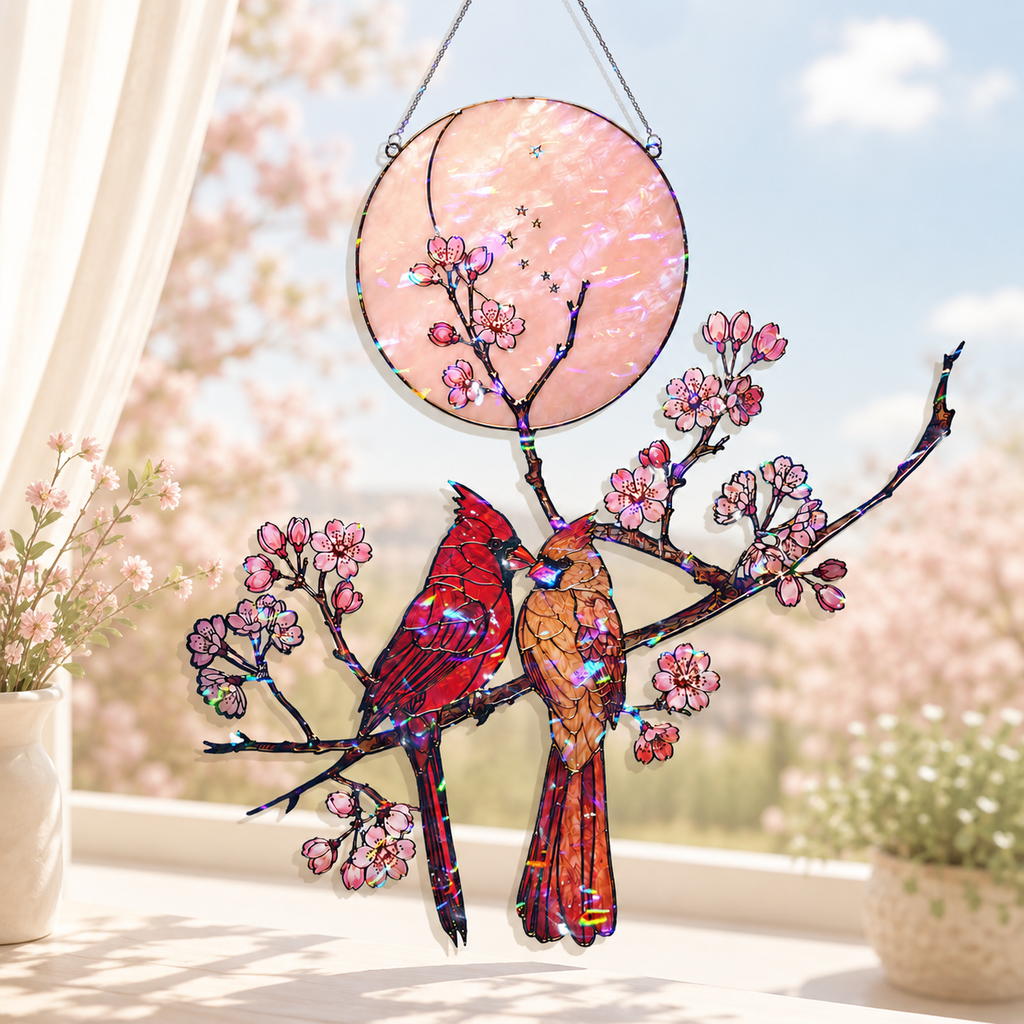 Cardinal Couple & Cherry Blossom Moon Holographic Acrylic Suncatcher