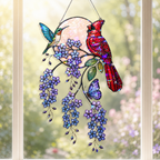 Cardinal & Hummingbird Forget-Me-Not Moon Holographic Acrylic Suncatcher
