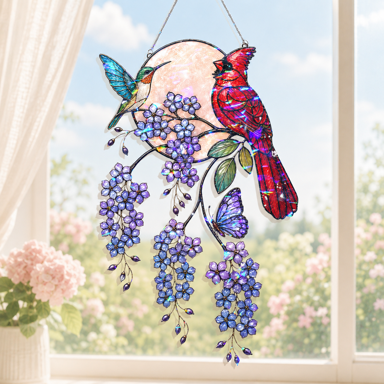 Cardinal & Hummingbird Forget-Me-Not Moon Holographic Acrylic Suncatcher