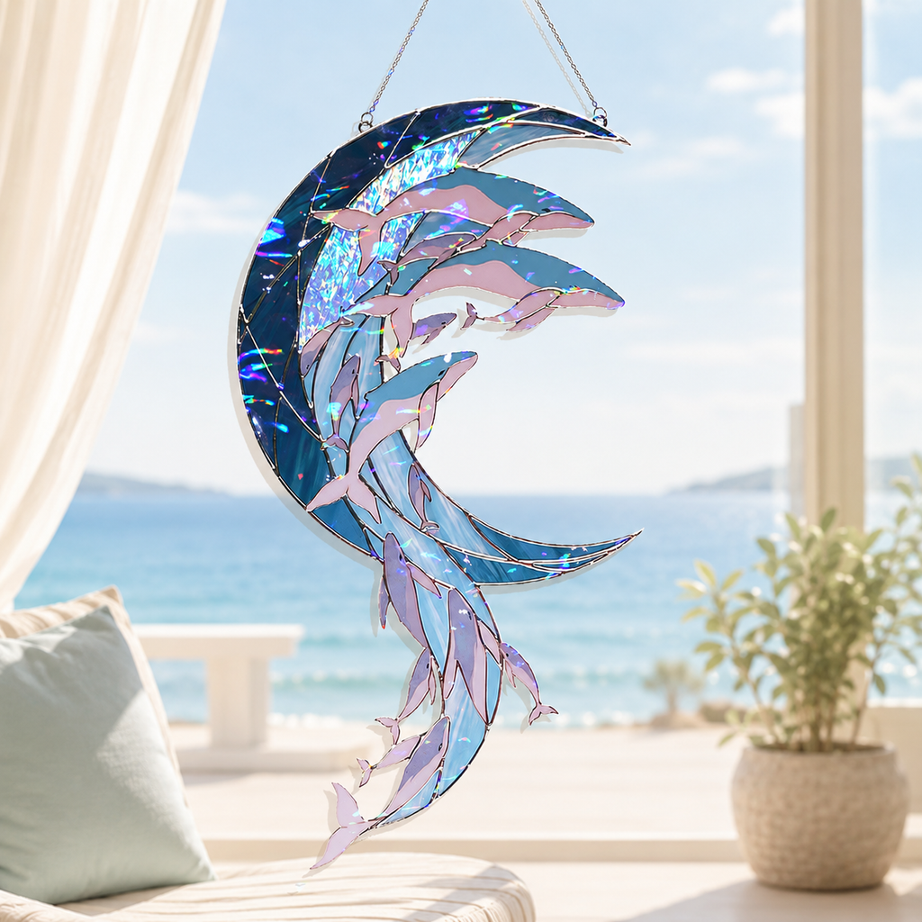 Whale Pod Crescent Moon Holographic Acrylic Suncatcher