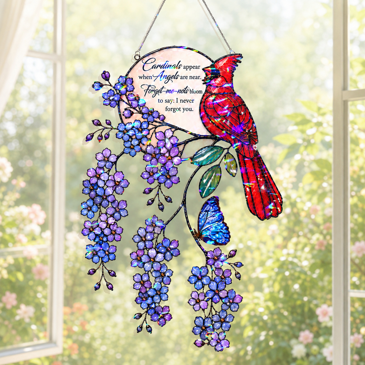 Cardinal & Forget-Me-Not Memorial Moon Holographic Acrylic Suncatcher