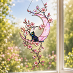 Black Cat & Cherry Blossom Moon Holographic Acrylic Suncatcher