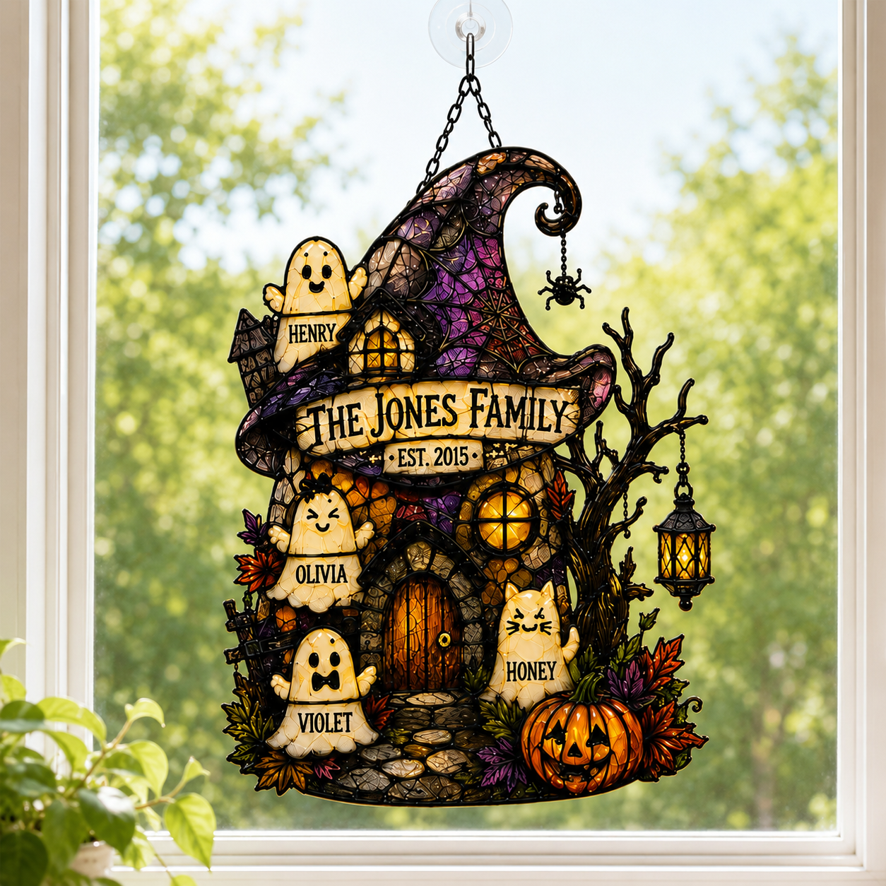 Personalized Ghost Family Witch Hat House Holographic Acrylic Suncatcher