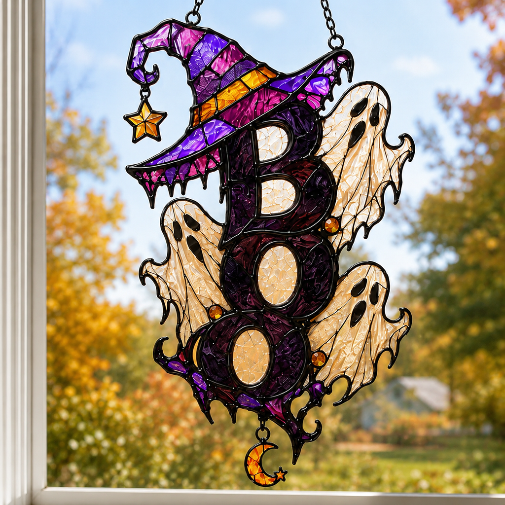 BOO Ghost Trio with Witch Hat Holographic Acrylic Suncatcher