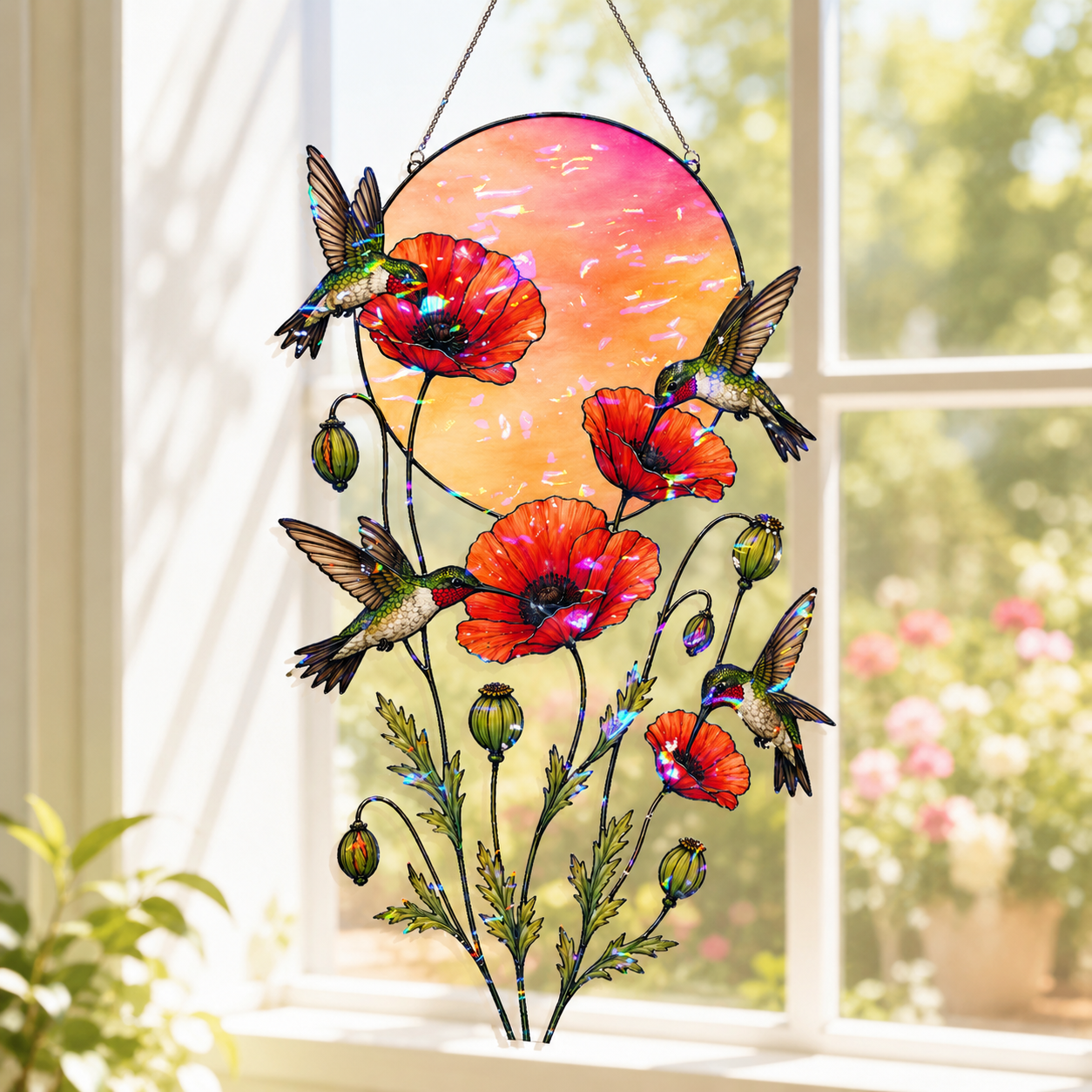 Hummingbirds & Red Poppy Sunset Moon Holographic Acrylic Suncatcher