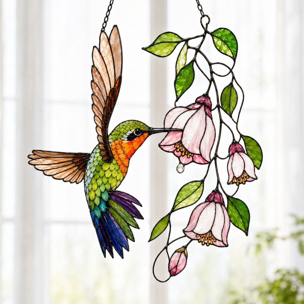 Hummingbird & Pink Fuchsia Flowers Holographic Acrylic Suncatcher