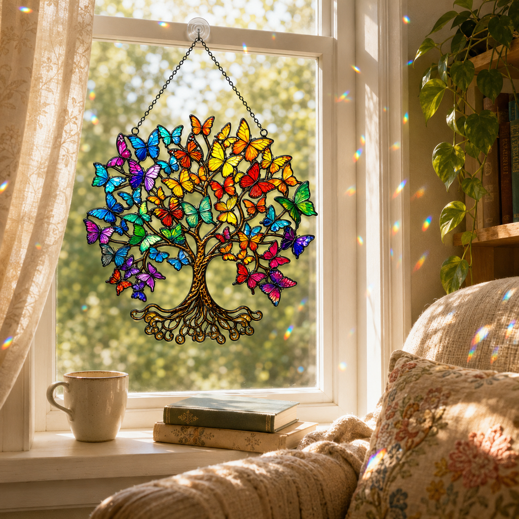 Rainbow Butterfly Tree of Life Holographic Acrylic Suncatcher