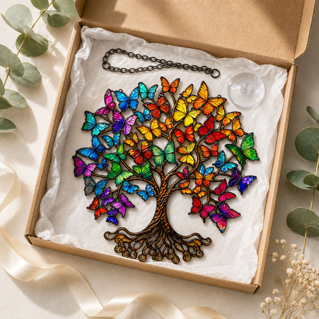 Rainbow Butterfly Tree of Life Holographic Acrylic Suncatcher