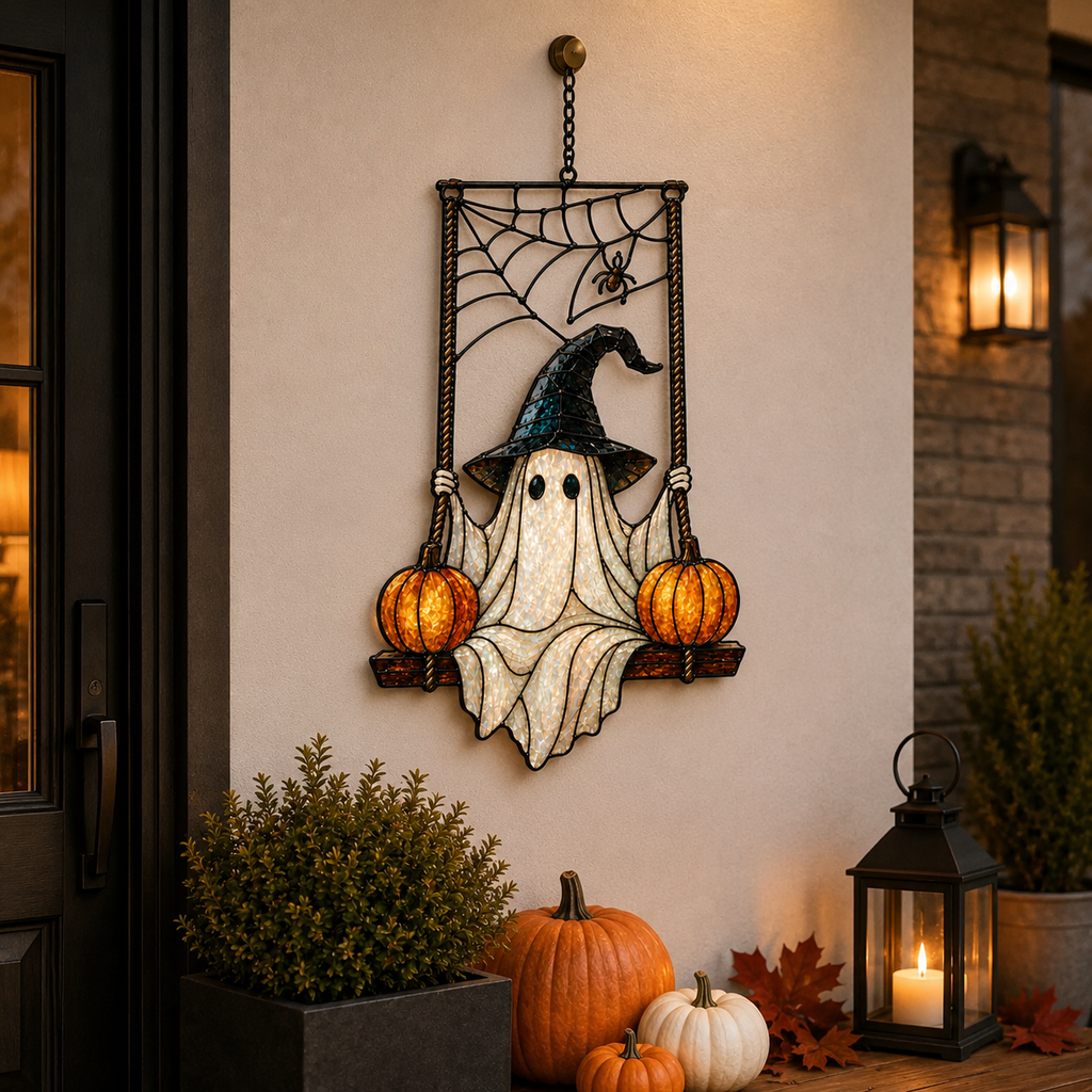 Ghost in Witch Hat on Pumpkin Swing Holographic Acrylic Suncatcher