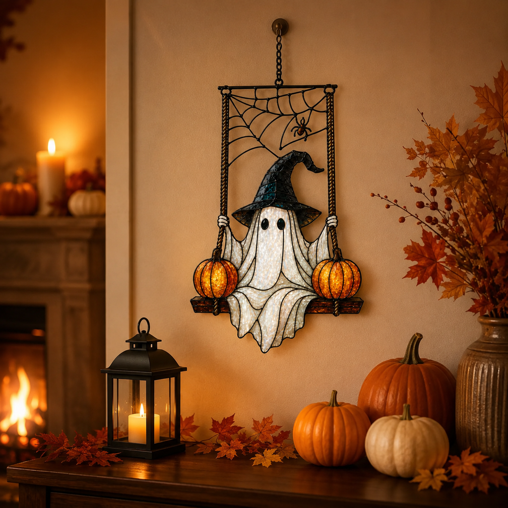 Ghost in Witch Hat on Pumpkin Swing Holographic Acrylic Suncatcher