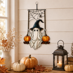 Ghost in Witch Hat on Pumpkin Swing Holographic Acrylic Suncatcher