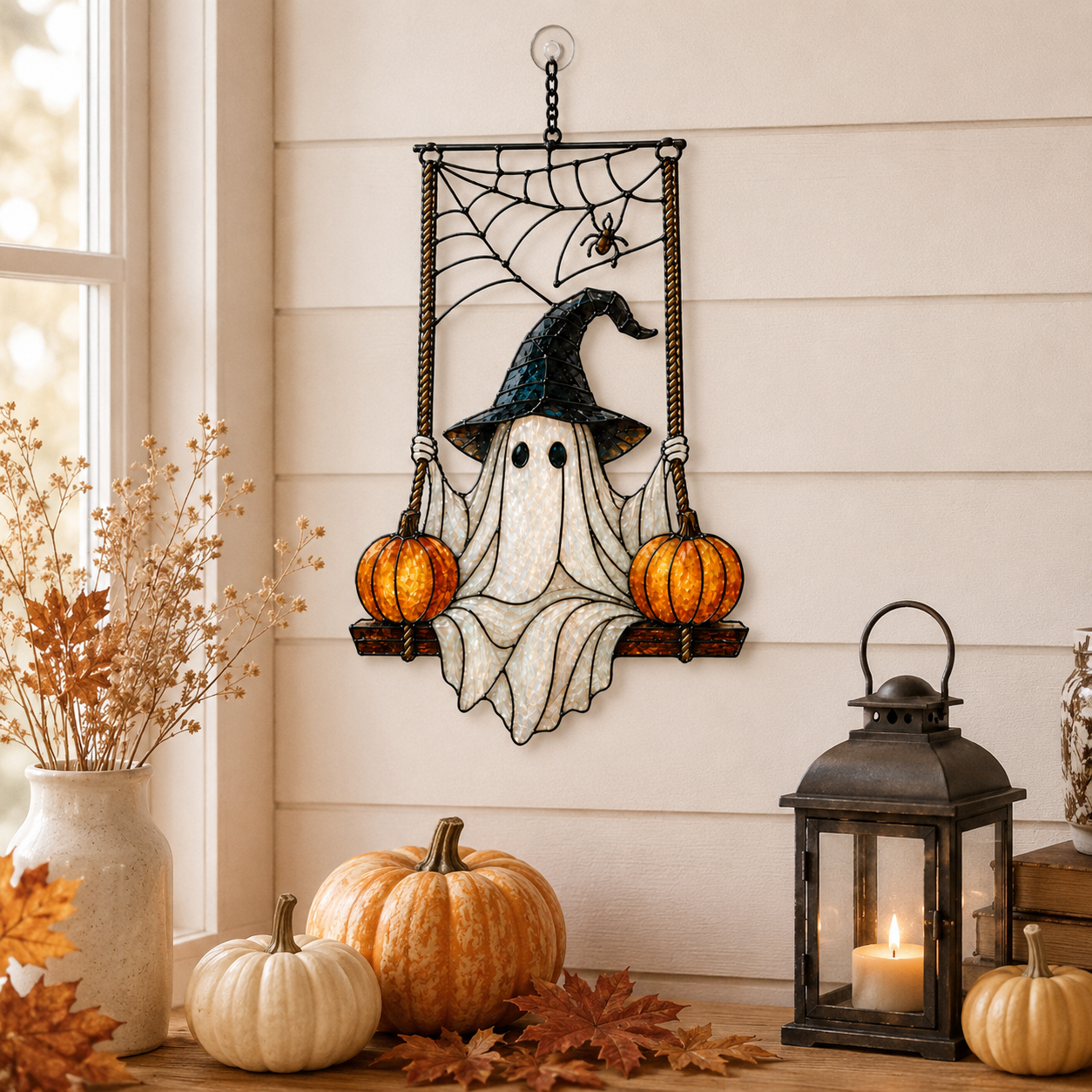 Ghost in Witch Hat on Pumpkin Swing Holographic Acrylic Suncatcher