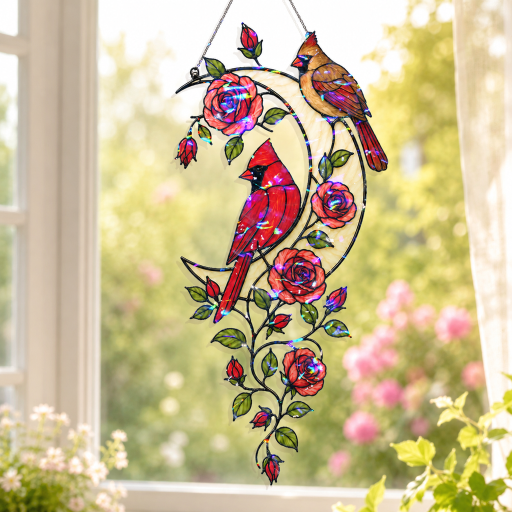 Cardinal Pair & Roses Crescent Moon Holographic Acrylic Suncatcher