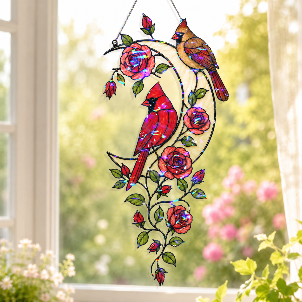 Cardinal Pair & Roses Crescent Moon Holographic Acrylic Suncatcher