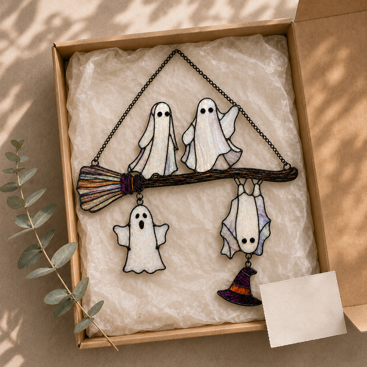 Four Ghosts on a Broomstick Holographic Acrylic Suncatcher