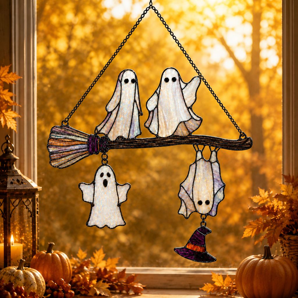 Four Ghosts on a Broomstick Holographic Acrylic Suncatcher