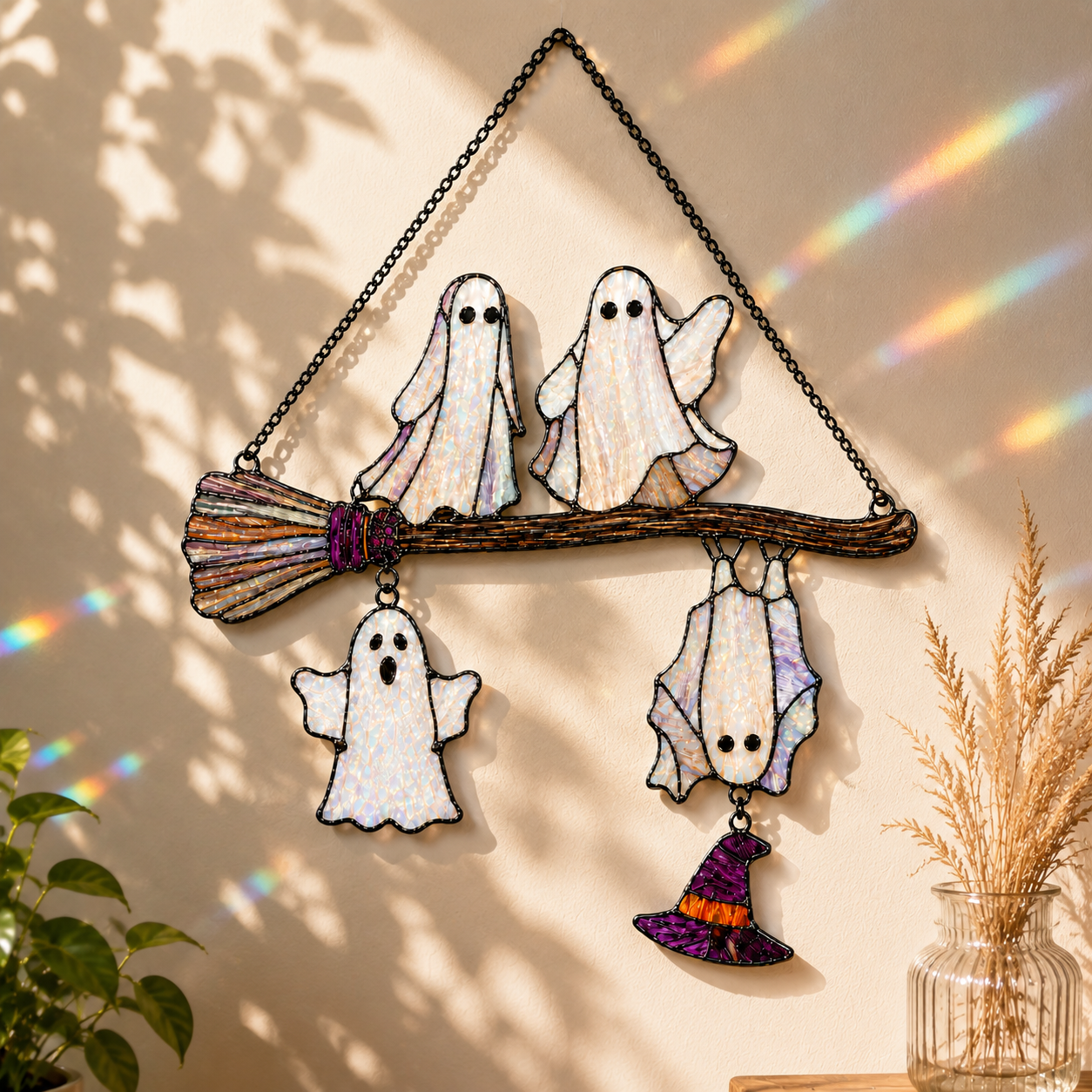 Four Ghosts on a Broomstick Holographic Acrylic Suncatcher