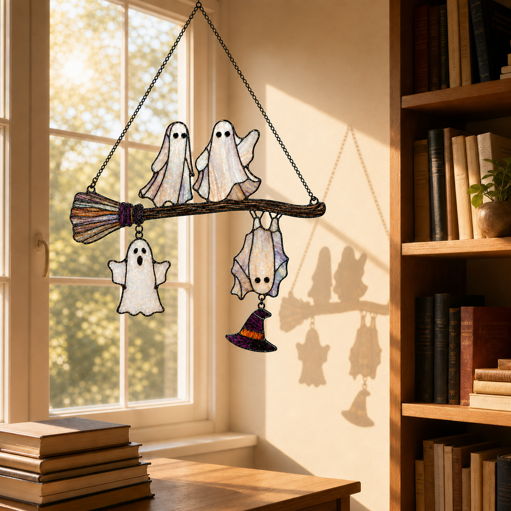 Four Ghosts on a Broomstick Holographic Acrylic Suncatcher