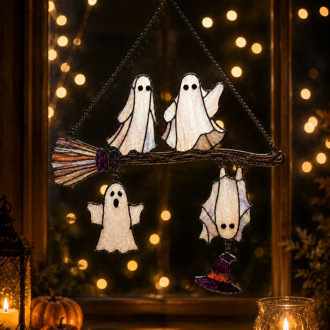 Four Ghosts on a Broomstick Holographic Acrylic Suncatcher