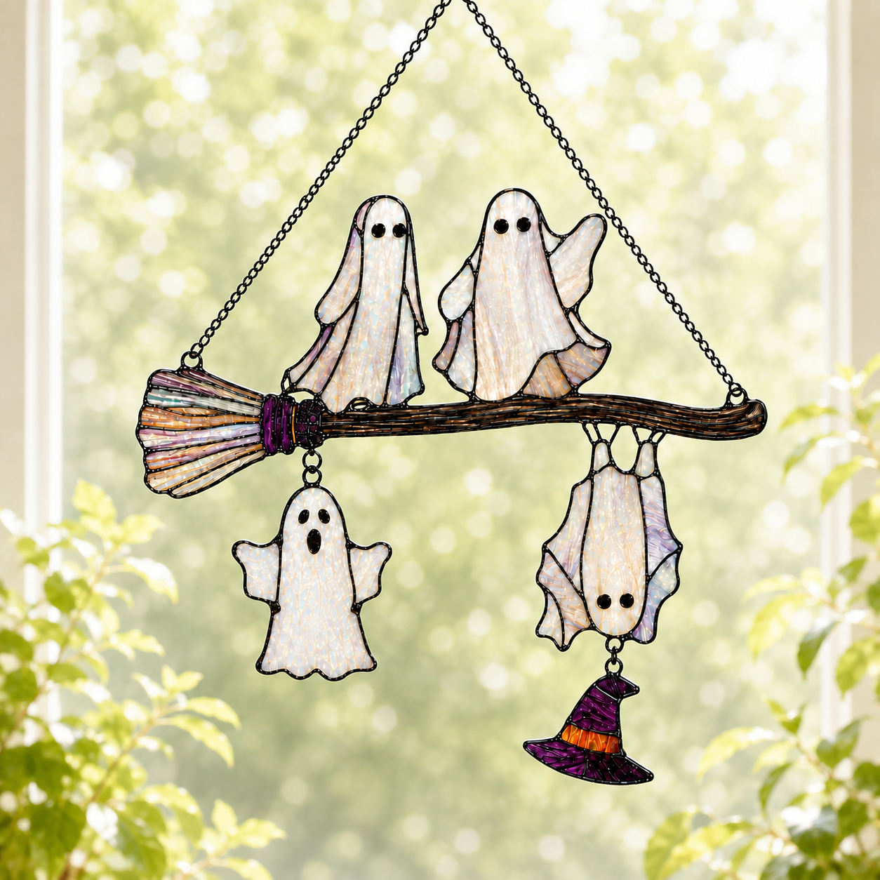 Four Ghosts on a Broomstick Holographic Acrylic Suncatcher