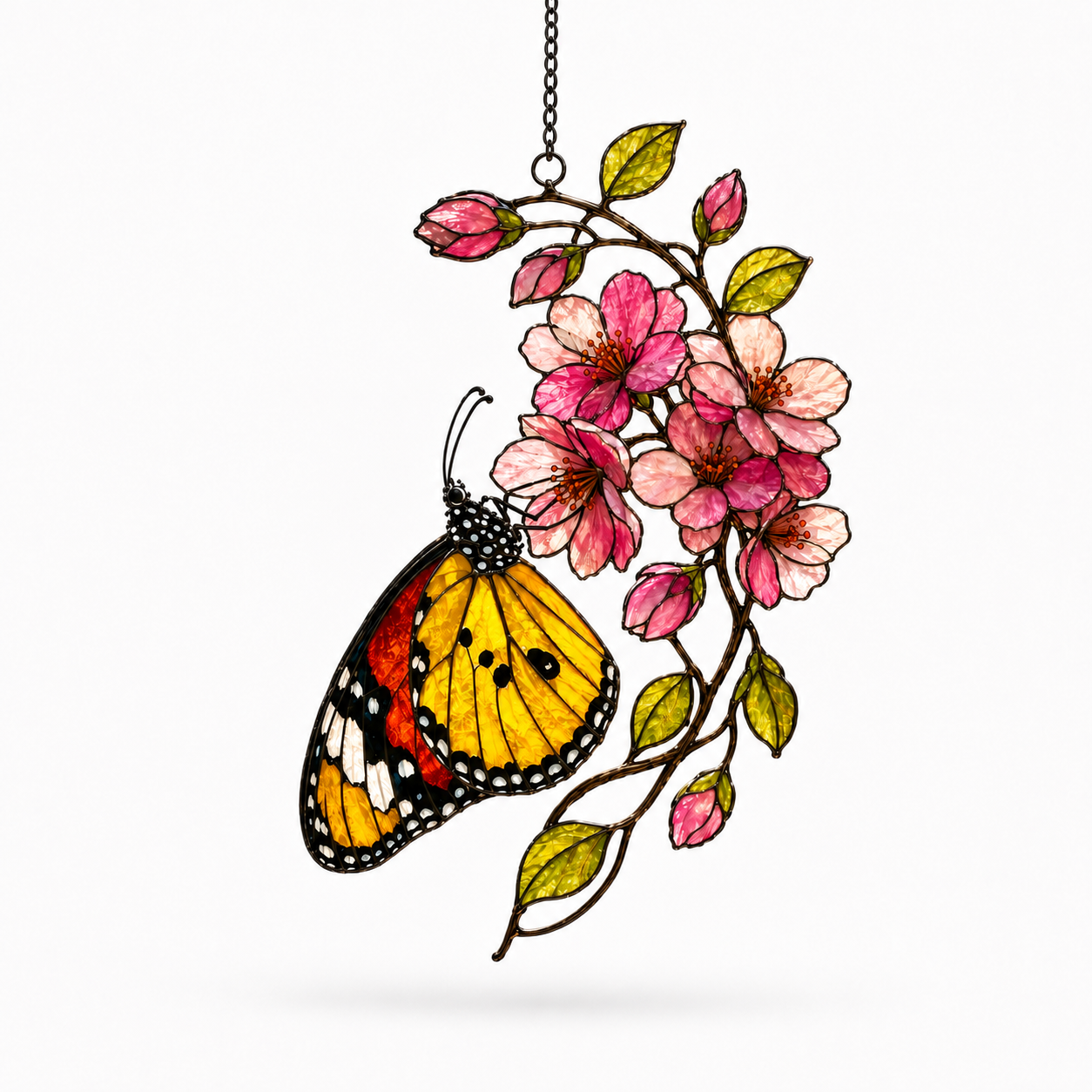 Monarch Butterfly & Pink Cherry Blossom Holographic Acrylic Suncatcher