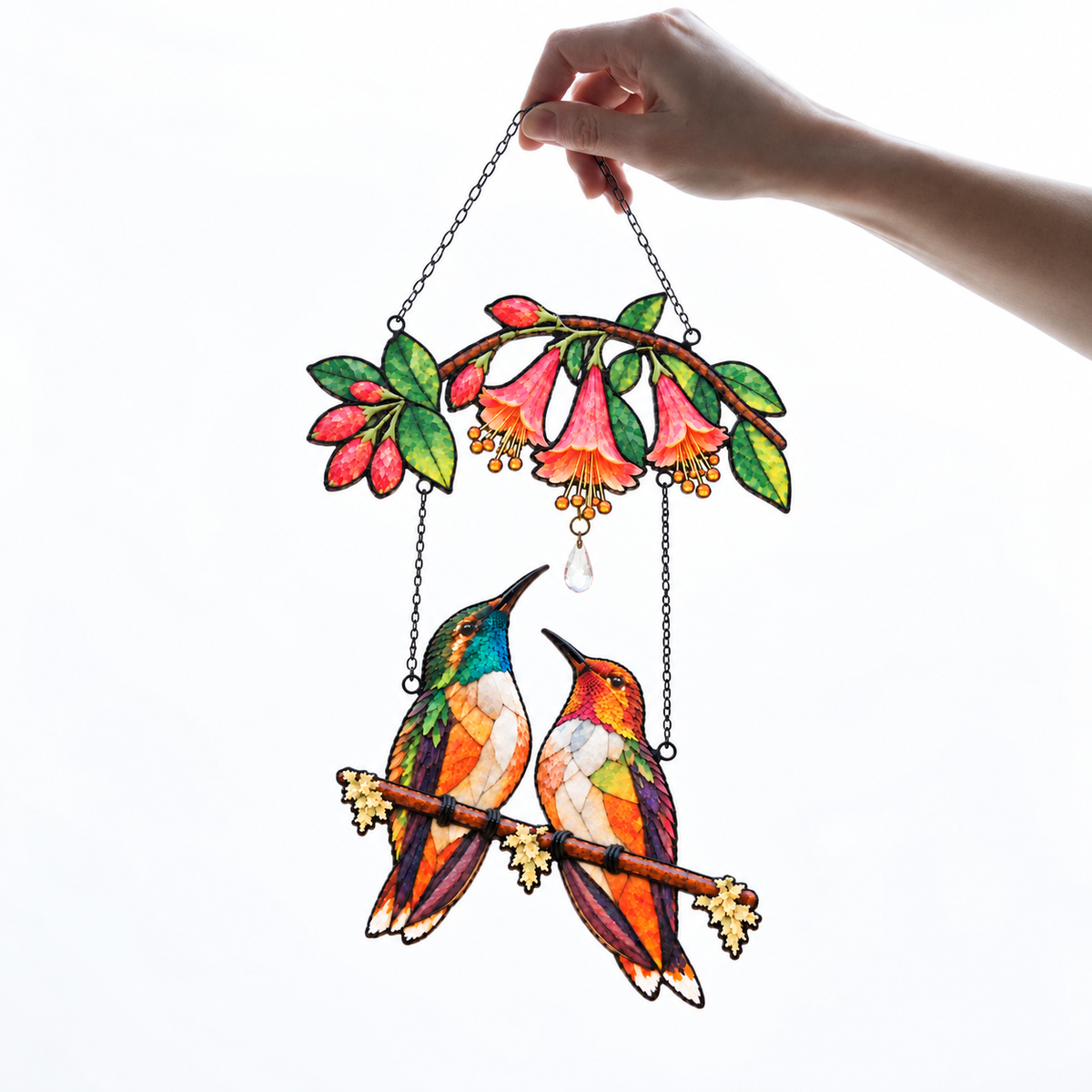 Hummingbird Couple Trumpet Flower Holographic Acrylic Suncatcher with Charm