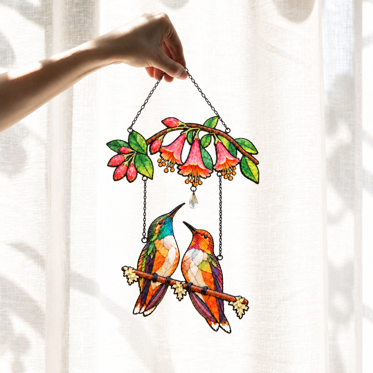 Hummingbird Couple Trumpet Flower Holographic Acrylic Suncatcher with Charm