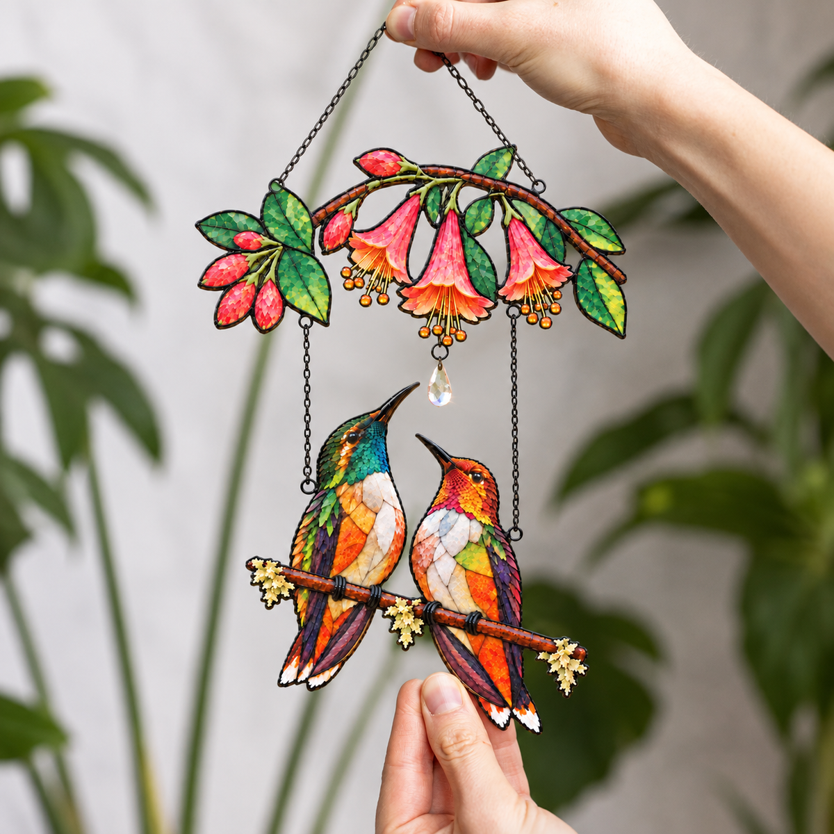 Hummingbird Couple Trumpet Flower Holographic Acrylic Suncatcher with Charm