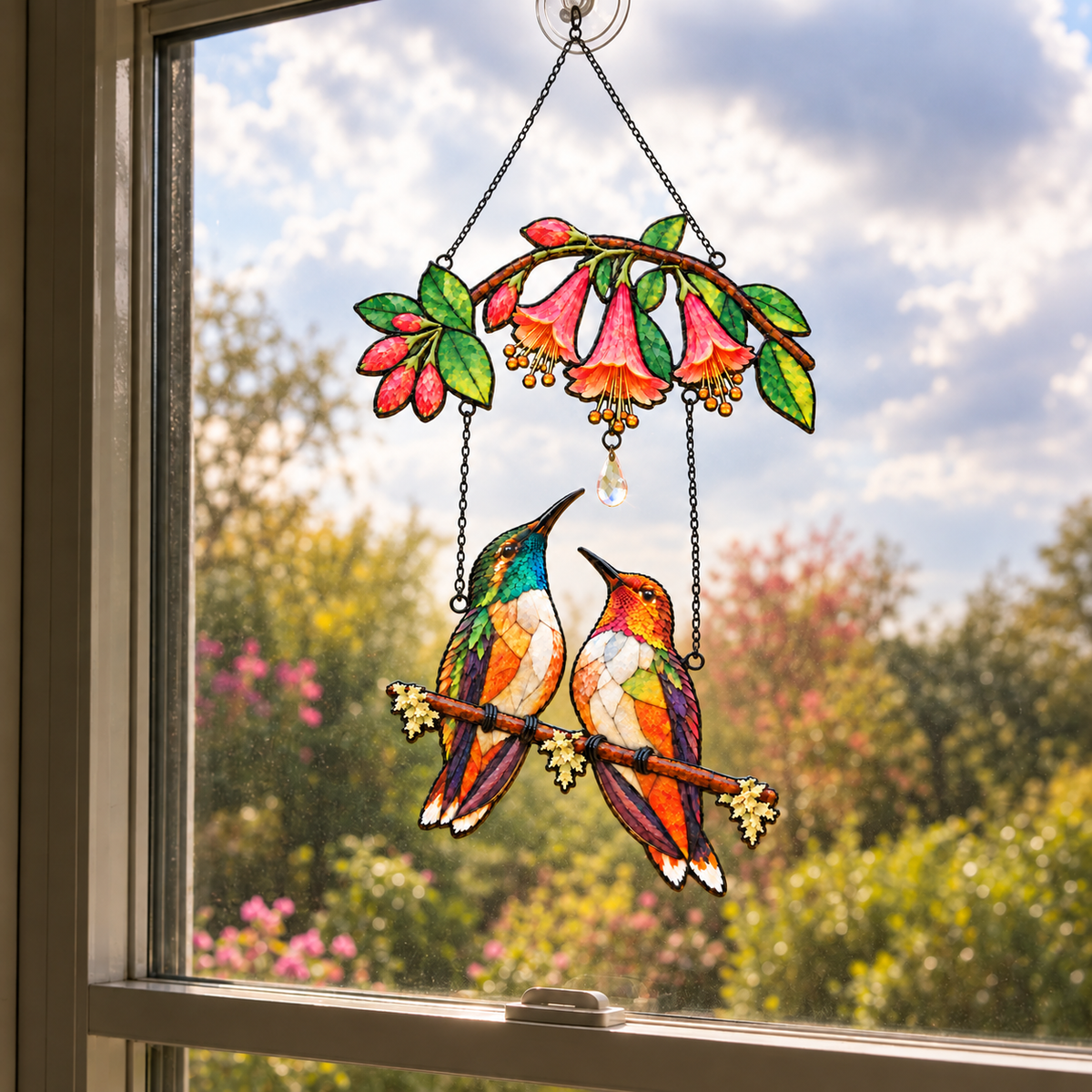 Hummingbird Couple Trumpet Flower Holographic Acrylic Suncatcher with Charm