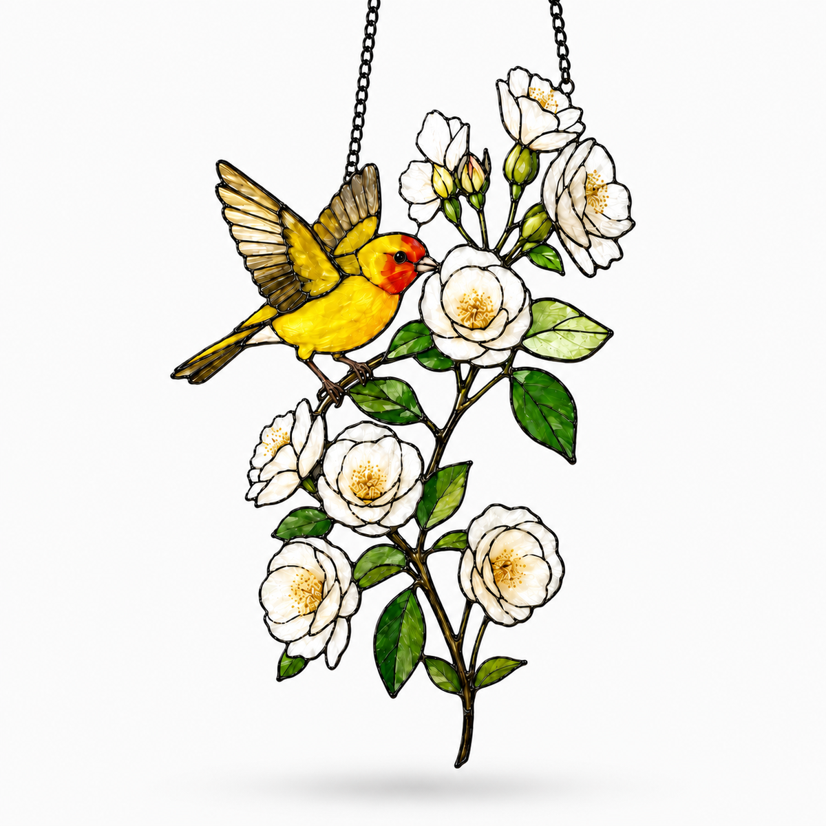 Western Tanager & White Roses Holographic Acrylic Suncatcher