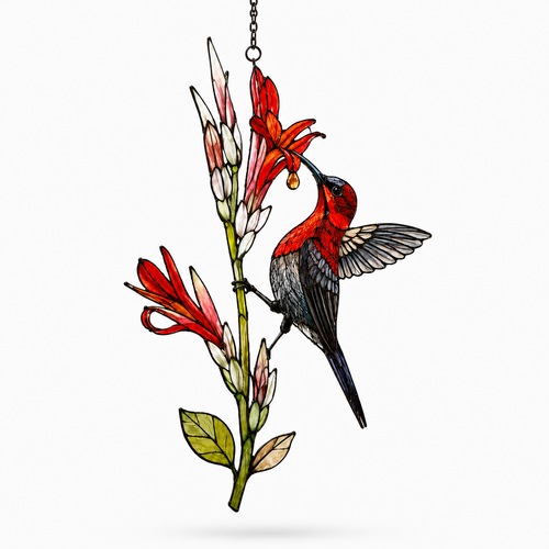 Crimson Sunbird & Canna Lily Holographic Acrylic Suncatcher