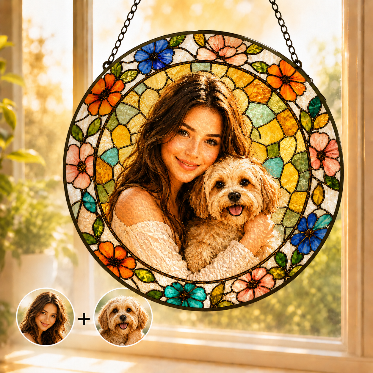 Personalized pet and owner photo suncatcher glowing in sunlight by a window