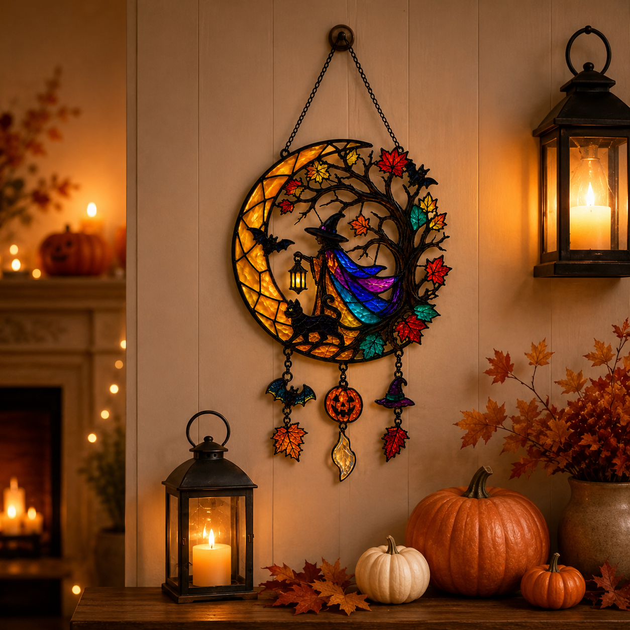 Witch & Black Cat on Crescent Moon Tree Holographic Acrylic Suncatcher