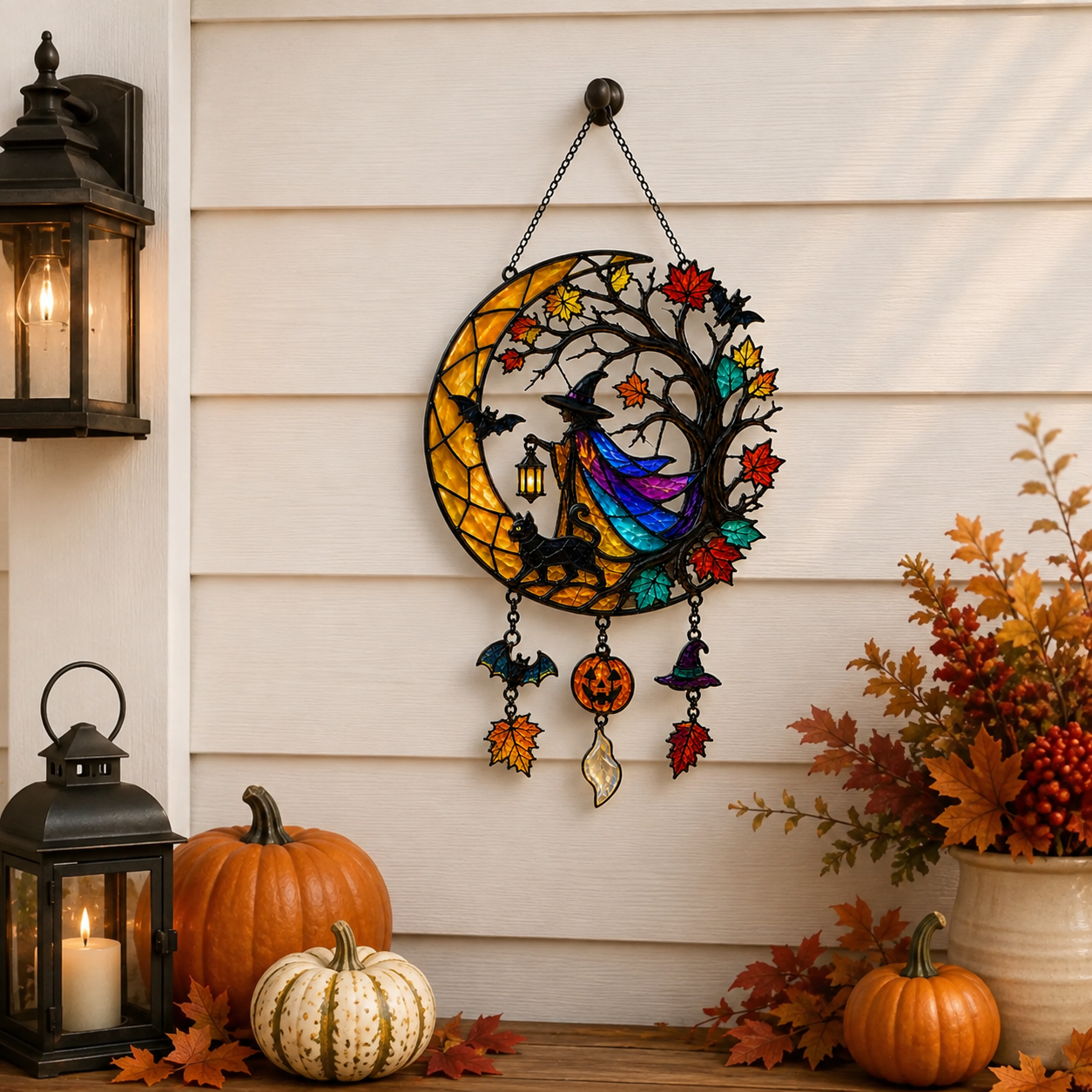 Witch & Black Cat on Crescent Moon Tree Holographic Acrylic Suncatcher