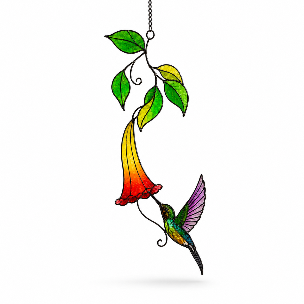 Rainbow Hummingbird & Trumpet Flower Holographic Acrylic Suncatcher