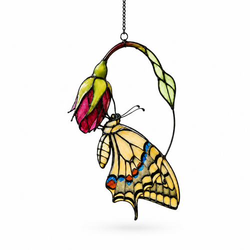 Swallowtail Butterfly & Pink Blossom Holographic Acrylic Suncatcher