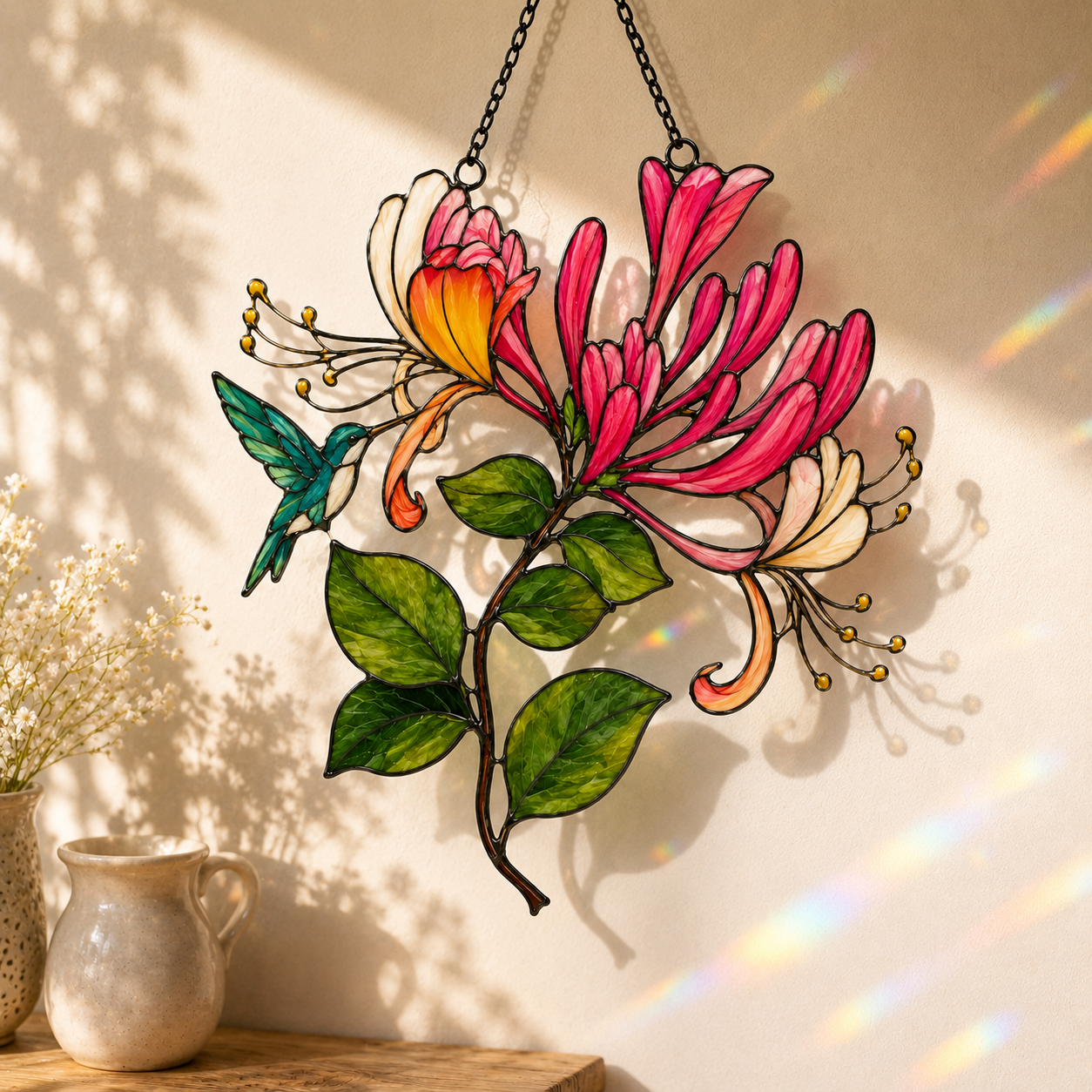 Hummingbird & Honeysuckle Holographic Acrylic Suncatcher