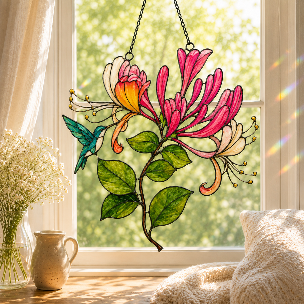Hummingbird & Honeysuckle Holographic Acrylic Suncatcher