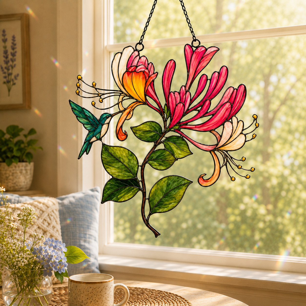 Hummingbird & Honeysuckle Holographic Acrylic Suncatcher
