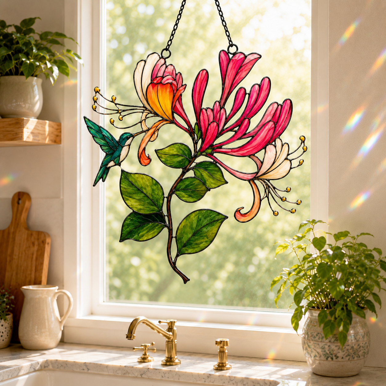 Hummingbird & Honeysuckle Holographic Acrylic Suncatcher