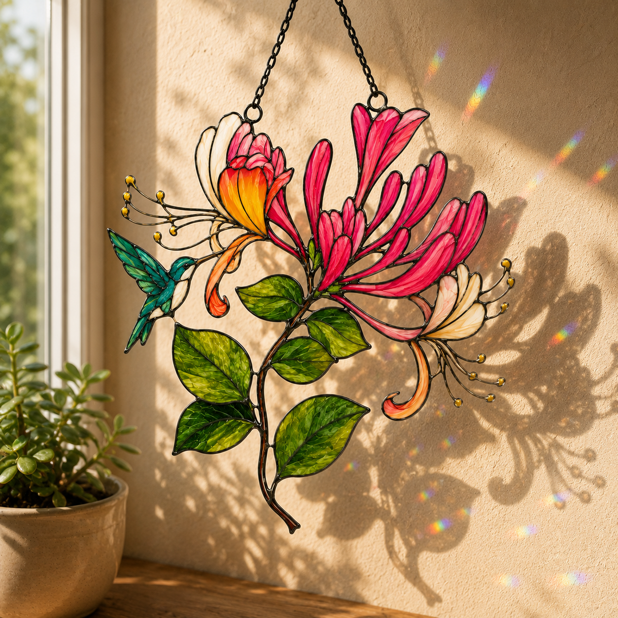 Hummingbird & Honeysuckle Holographic Acrylic Suncatcher