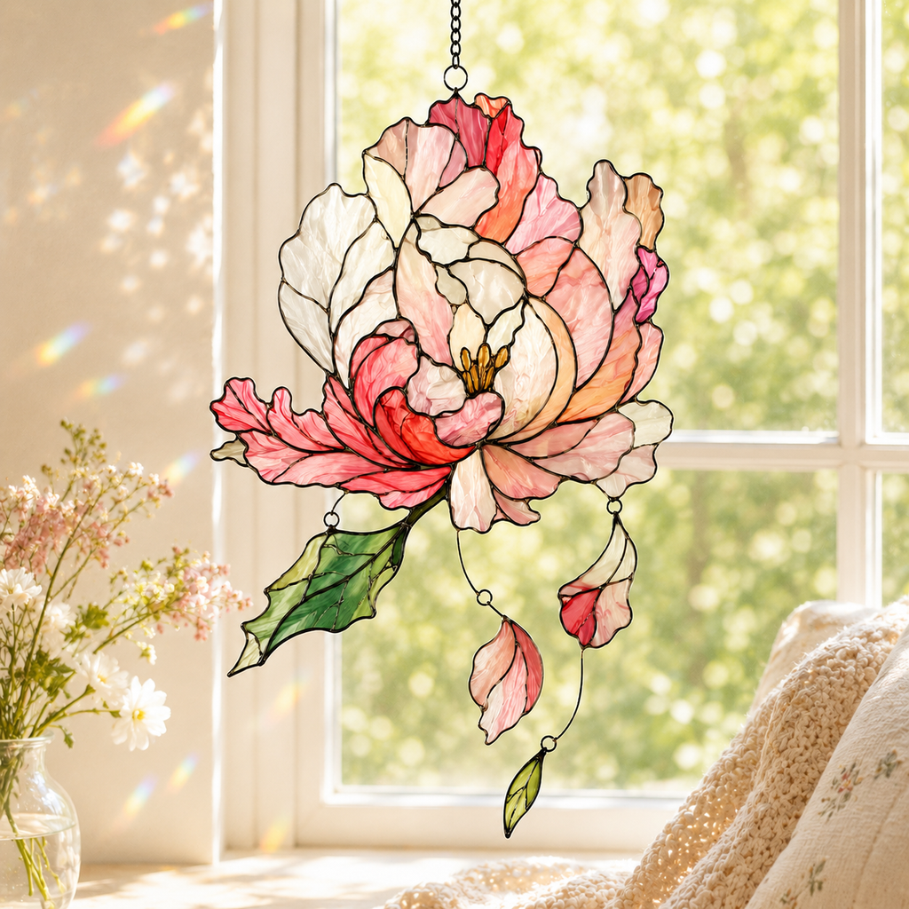 Pink Peony Holographic Acrylic Suncatcher