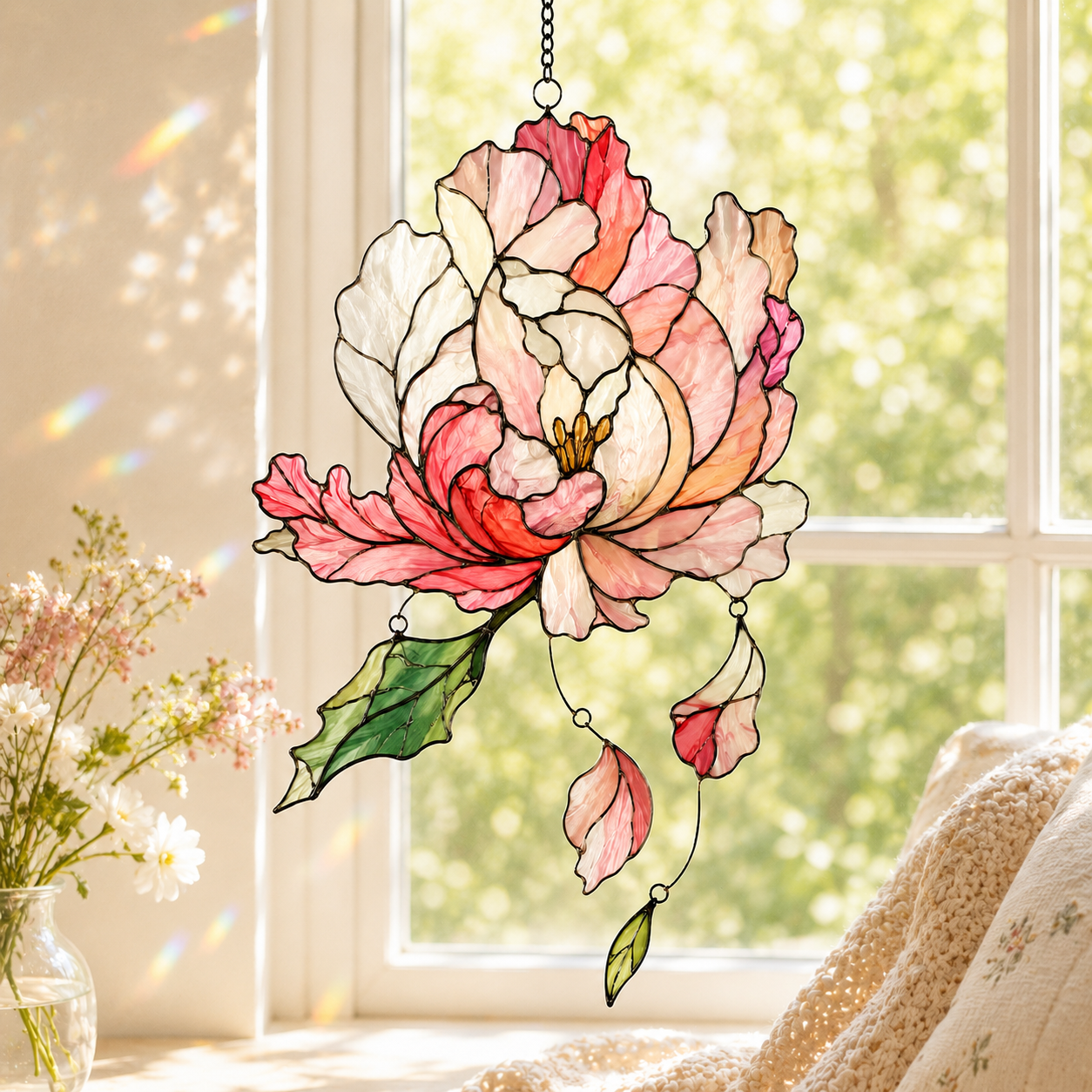 Pink Peony Holographic Acrylic Suncatcher