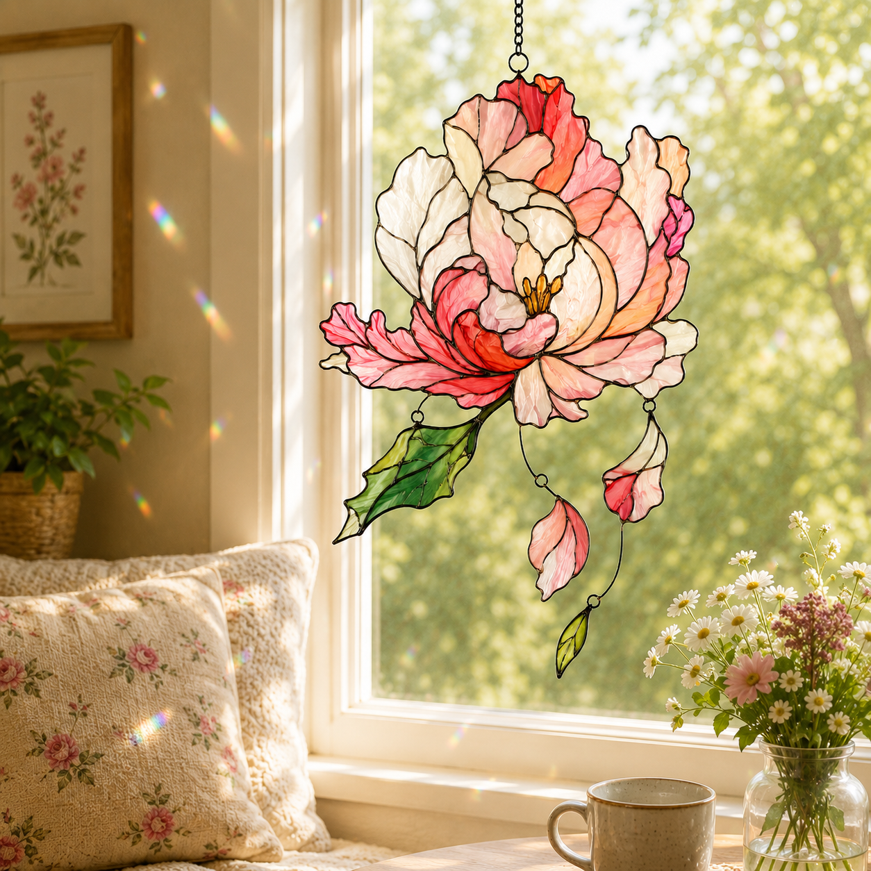 Pink Peony Holographic Acrylic Suncatcher