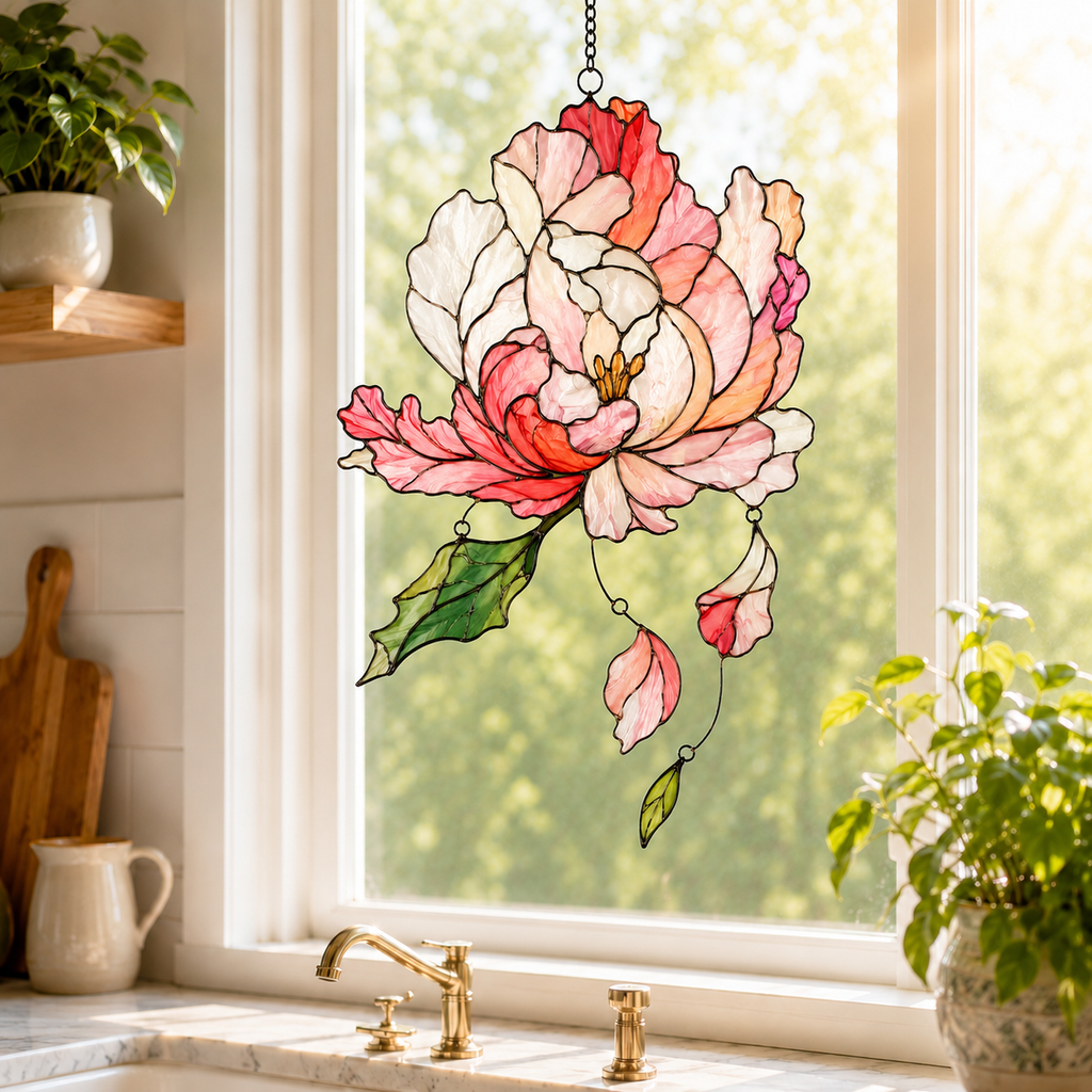 Pink Peony Holographic Acrylic Suncatcher