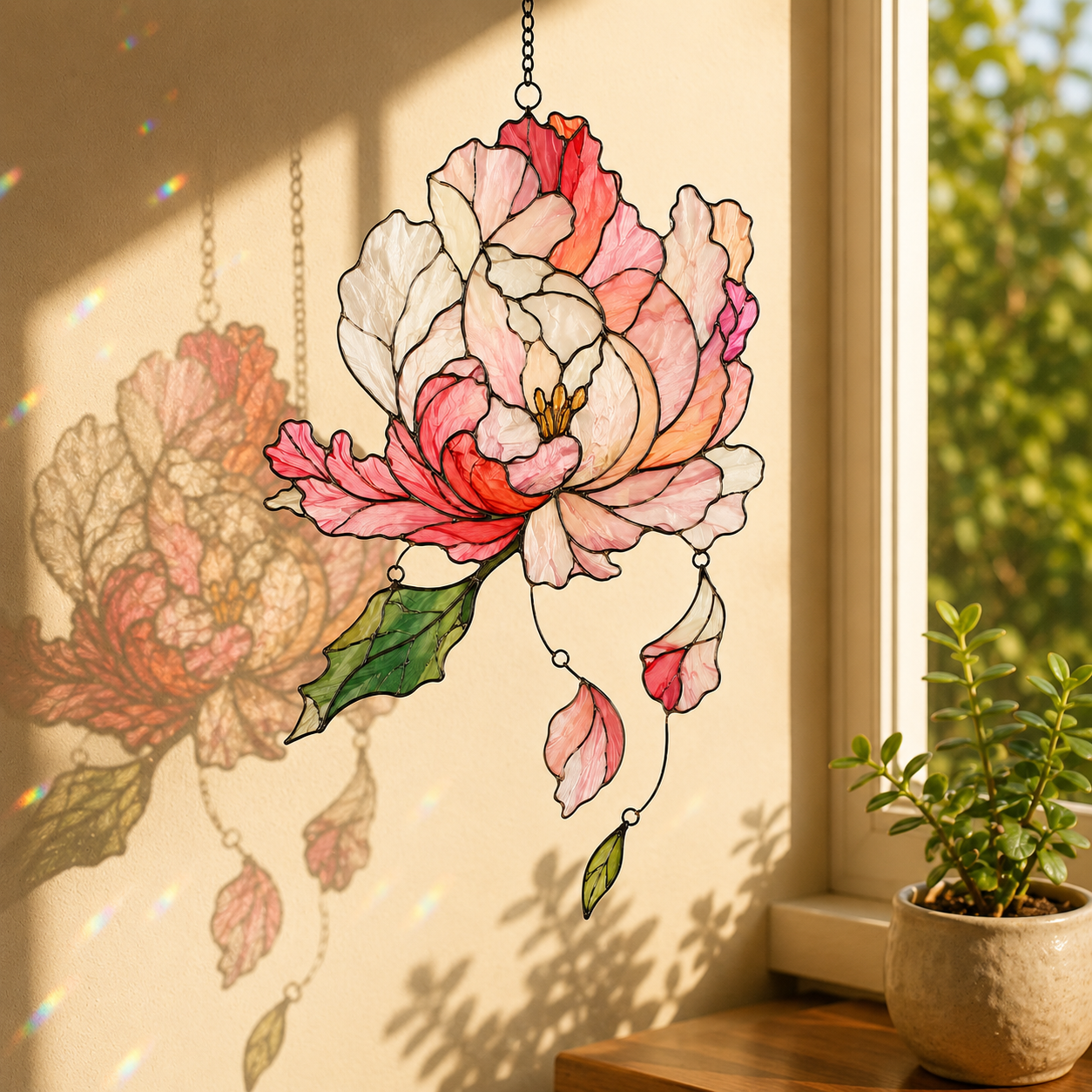 Pink Peony Holographic Acrylic Suncatcher