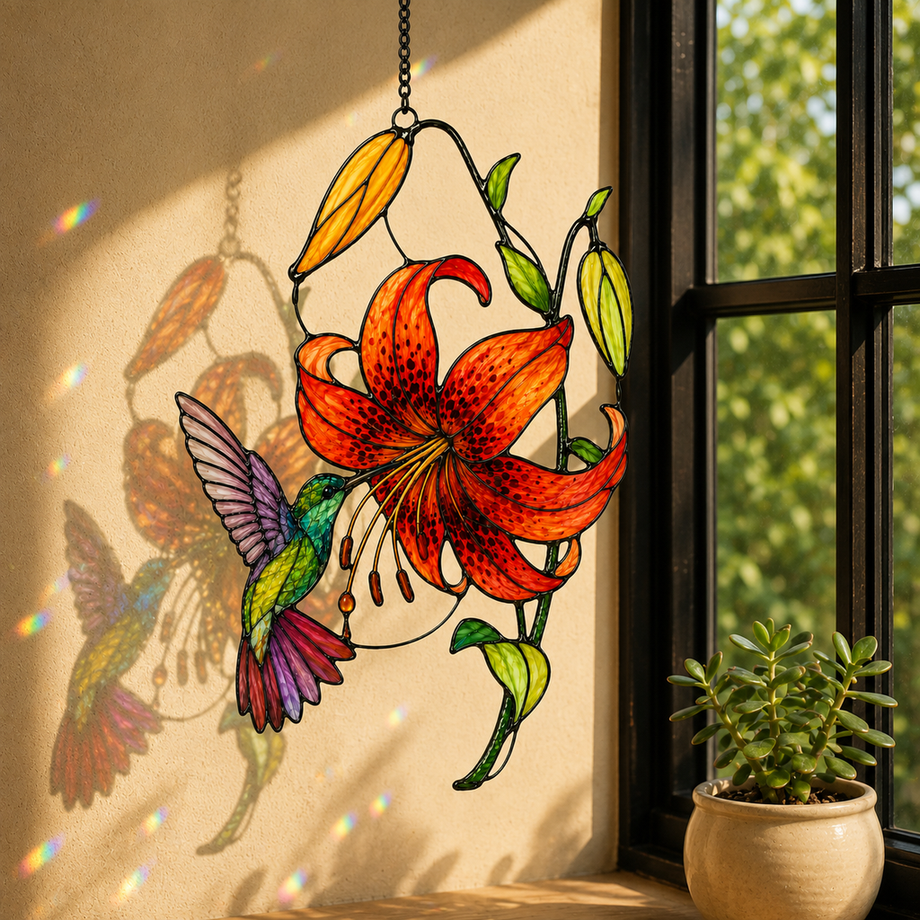 Hummingbird & Tiger Lily Holographic Acrylic Suncatcher